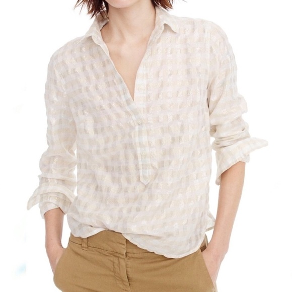 J. Crew Metallic Striped Silver/Gold Popover Blouse Size 4 - Picture 1 of 12